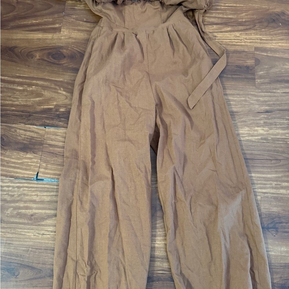 Ruffle Bodice Tie Back Strapless Cotton & Linen Jumpsuit - Picture 6 of 7